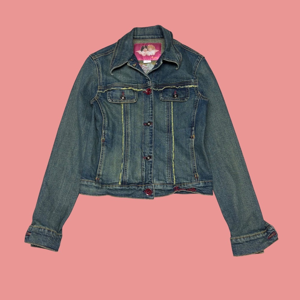 Fiorucci Women Medium Wash Embroidered Floral Denim Jacket XS Cherub Logo